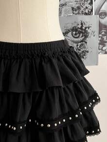Attitoon Saia de Bolo Feminina com Três Camadas, Decoração de Rebite de Renda Estilo Vintage Casual, Forro Adequado para Vintage, Sexy, Fofo, Y2K, Coconut Girl, Boho, Oeste, Boêmio, Hippie, Festival de Música, Punk Retrô, Shibuya Gyaru - Preto - Visão 6