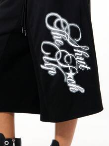 SUMWON WOMEN 黑色阔腿运动裤，饰有字母印花，抽绳腰带，七分裤长，休闲居家服，舒适宽松版型，日常街头风 - 黑色 - 查看 4