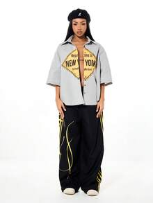 SUMWON WOMEN Oversized Check Plaid Button Front Collared Boxy Shirt With New York Diamond Print Graphic Long Sleeve Casual Spring Fall - Blue - View 5