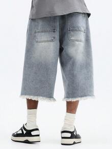 SUMWON Denim Shorts With Frayed Hem And Metal Eyelet Detail Side Seam Summer Casual Relaxed Fit Knee Length Jorts - Light Wash - View 2