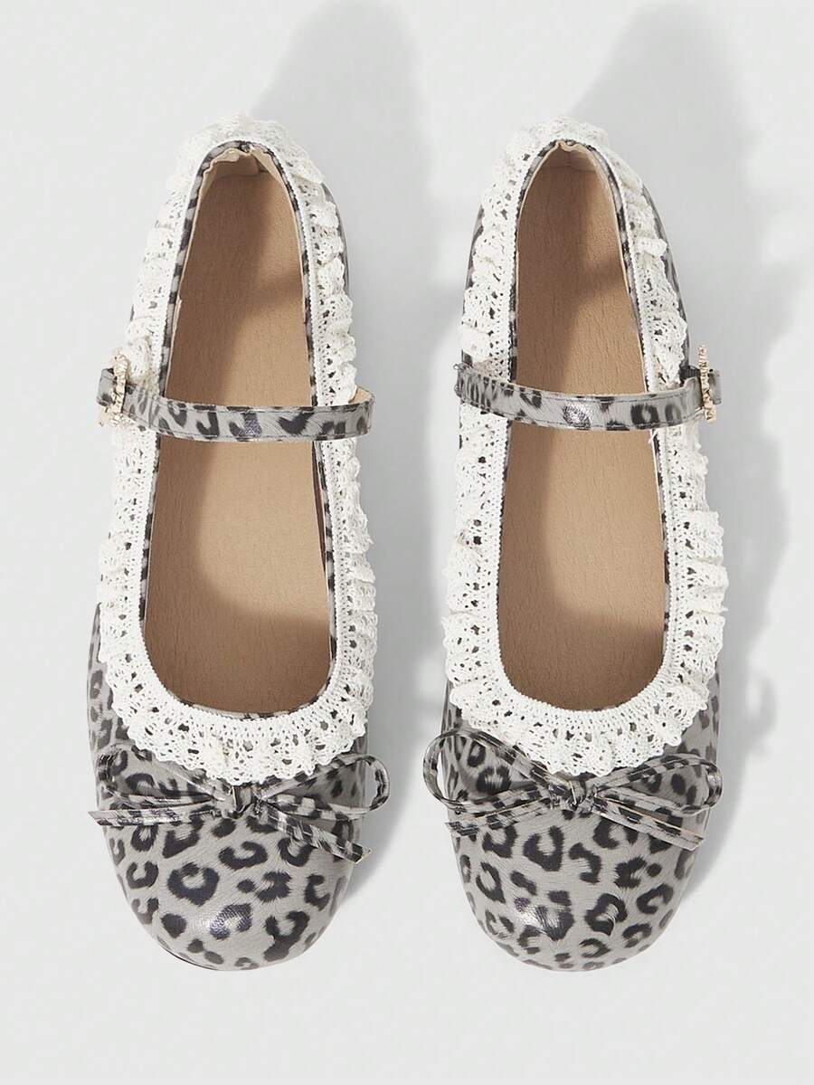 ROMWE Kawaii Women's Fashionable & Sweet Lace Trim Bow Decor Flats For Christmas 2000s Style - grey leopard print - View 1