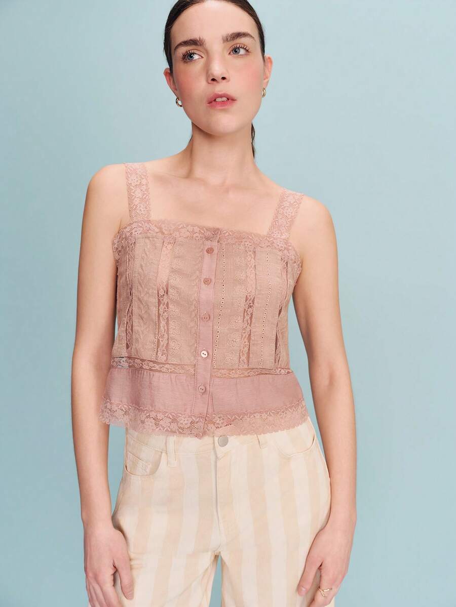 lacRébo Dusty Pink Cropped Camisole With V-Neckline, Front Buttons, And Delicate Lace DetailingSpring Summer - Pink - View 1