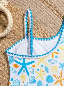 Traje de baño de una pieza con cuello asimétrico y estampado de estrella de mar para niña preadolescente - Multicolor - Ver 5
