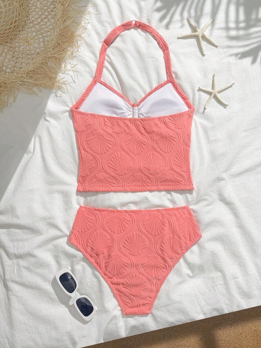 Áo croptop hai dây cho bé gái tuổi teen với thiết kế khoét rỗng và trang trí hoa kim loại, eo nhún, kết hợp với quần tam giác, thích hợp cho bãi biển, kỳ nghỉ, bờ biển, bơi lội. Đồ bơi tuổi teen họa tiết vỏ sò, tankini cho bé gái, đồ đi biển cho bé gái, tankini màu hồng cho bé gái, đồ bơi tuổi teen, áo tắm một mảnh màu hồng cho bé gái, áo tắm tam giác màu san hô, áo tắm tuổi teen họa tiết nơ. - Màu Cam san hô - Xem 1