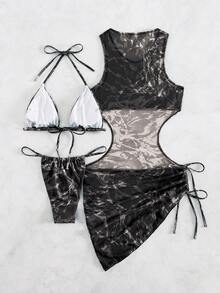 Swim Vcay Bikini fasciante alla moda con stampa casuale, set di costumi da bagno con copyright acquistato, set da 3 pezzi per donna, set bikini da 3 pezzi, set copricostume da spiaggia da 3 pezzi per donna - nero - Visualizzare 2