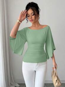 Selianne Áo thun tay chuông màu trơn dành cho nữ, kiểu dáng thường ngày, đa năng. - Màu xanh Bạc hà - Xem 5