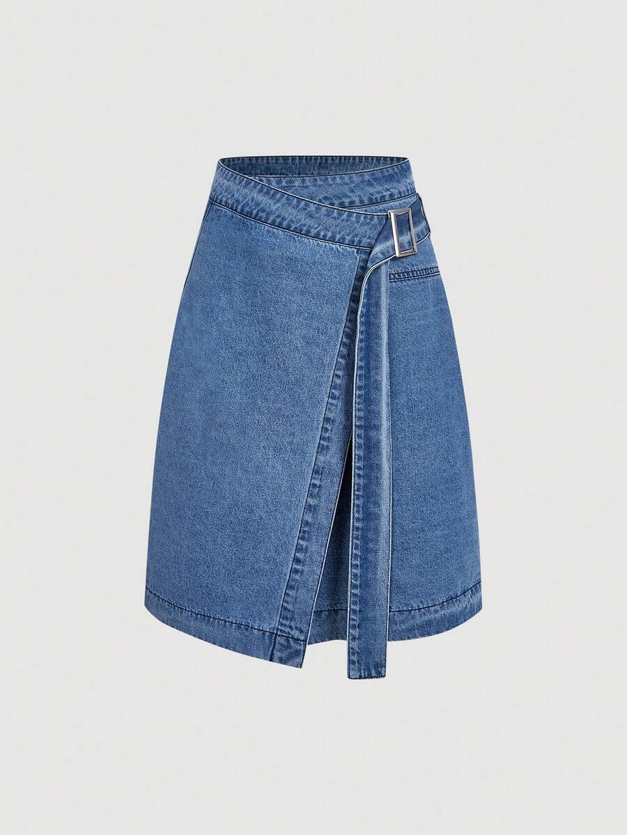 GlowEve 女士休闲时尚街头风日常通勤裹身侧扣牛仔裙 - 藍色 - 查看 1