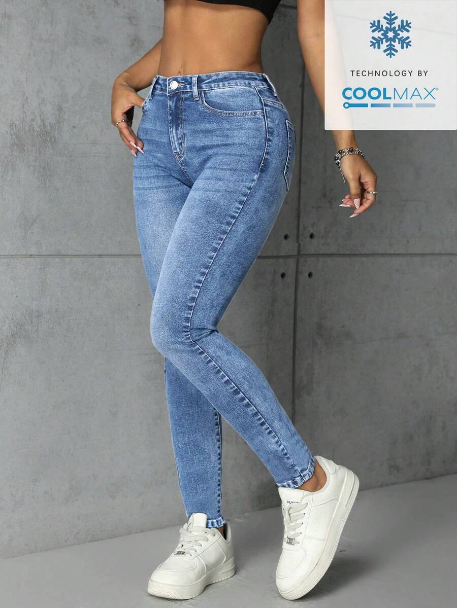 Rivivi Quần jean denim nữ màu trơn kiểu dáng thường ngày - Rửa nhẹ - Xem 1