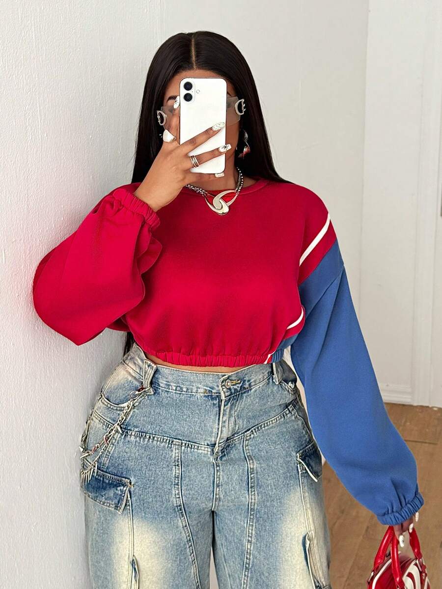 Maweii Women's Casual Loose Contrast Color Plus Size Sweatshirt, Suitable For Daily Casual And Sports Wear - Multicolor - View 1