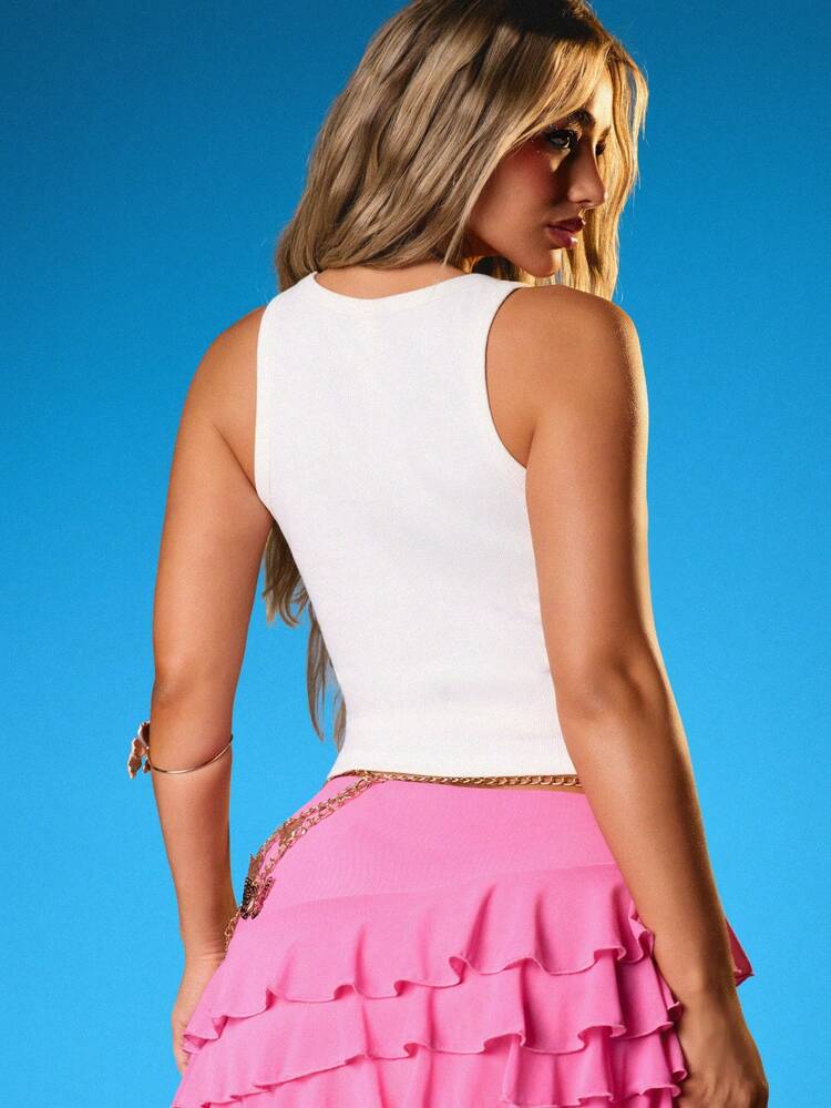 MISSGUIDED Top sin mangas con estampado tropical de frutas de verano, gráfico de coco y papaya, top casual para playa y vacaciones