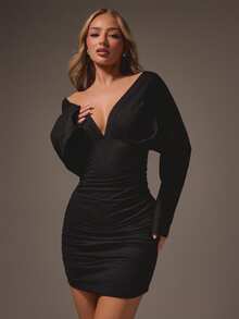 MISSGUIDED Long Sleeve Ruched Bodycon Mini Dress With Deep V Neckline For Evening Party Night Out - Black - View 1