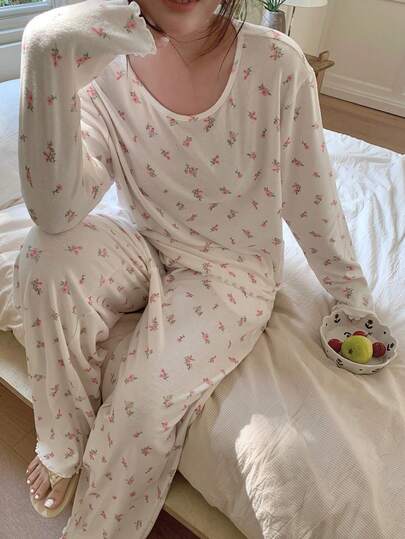 DAZY 大码女式印花圆领长袖上衣和阔腿裤休闲家居服套装