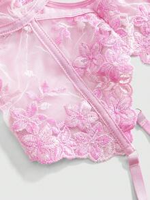 ROMWE Kawaii 花卉刺绣蕾丝无钢圈性感内衣套装 - 粉色 - 查看 4
