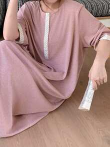 Dazy Plus Plus Size Simple Round Neck Nightgown Summer - Pink - View 6