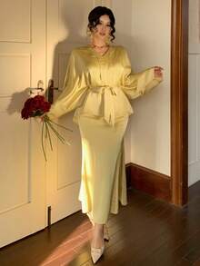 DAZY Women's Elegant Solid Color V-Neck Belted Shirt & Skirt 2-Piece Set, Spring/Summer,Wedding Guest Dress Women - Yellow - View 9