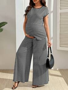 SHEIN 两件套孕妇装，条纹针织上衣和裤子套装，时尚休闲孕妇装，适合春夏穿着 - 黑與白 - 查看 5