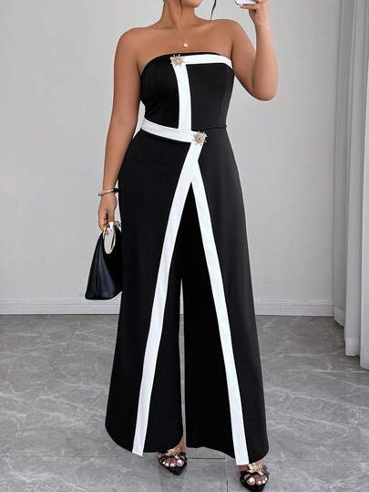 Elenzga Plus Size Women's Elegant Color Block Metal Buckle Decor Straight Leg Jumpsuit, Spring/Summer