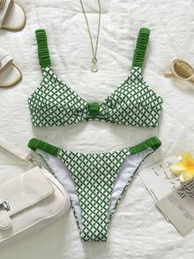 Swim Mod 女士泳衣套装，绿色粗肩带高衩比基尼泳裤，性感甜美，适合海滩度假，春夏皆宜，网眼面料 - 綠色 - 查看 6