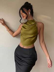 Aloruh Sexy Halter Backless Satin Women Camisole - Army Green - View 7