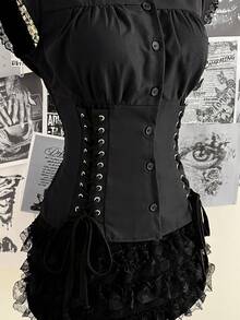 Attitoon 女士休闲复古系带褶皱修身衬衫，适合Y2K风格 - 黑色 - 查看 10