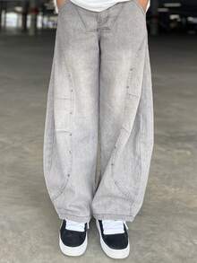 Ngobest Haus 1 件正义兄弟休闲男士宽松破洞牛仔阔腿牛仔裤，日式风格，百搭 - 灰色 - 查看 5