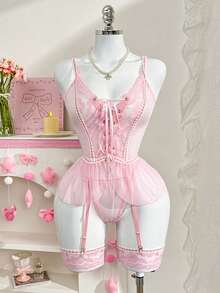PetitDoll 4pcs Mesh Lace Sexy Lingerie Set - Dusty Pink - View 6