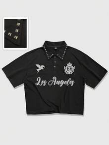 ROMWE MEN Street Life 男士极简印花短袖Polo衫 - 黑色 - 查看 1