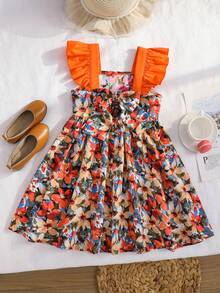 SHEIN 女童雪纺碎花方领荷叶边下摆休闲连衣裙 - 橘色 - 查看 2