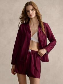 SHEIN 两件套条纹印花翻领女士睡衣套装，长袖上衣和短裤 - 黑色 - 查看 5