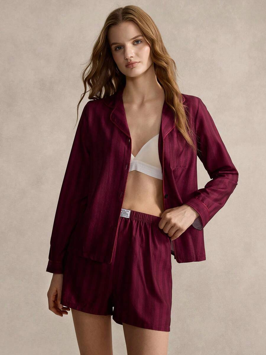 SHEIN 2pcs Striped Print Lapel Collar Women Pajama Set, Long Sleeve Top And Shorts - Black - View 1