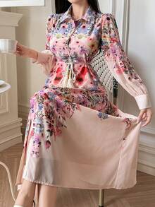 DAZY Đầm in họa tiết cho nữ, cổ ve lật, tay dài, cao cấp, thắt eo, đầm chiffon Pháp sang trọng, đầm dài nữ, đầm hè, đầm hoa cho nữ - Màu be - Xem 7