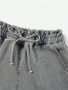 SHEIN Essnce Women's Solid Color Casual Denim Shorts Occasion Grey Summer - Blue - View 5