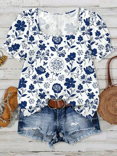 SHEIN VCAY Versatile Vacation Style Green & White Ditsy Floral Plus Size Casual Shirt, Suitable For Summer