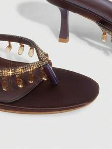 CUCCOO SZL Women's Thong Sandals With Tassel, Rhinestone Decor, Elegant Crystal High Heel Sandals, Summer Prom Heels Summer Shoes - Brown - View 5