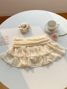 Comfortcana 女士腰部褶皱黄色花朵蕾丝双层荷叶边蕾丝时尚半身裙 2026 新款春夏时尚女装，适合海滩度假休闲穿着 - 杏色 - 查看 5