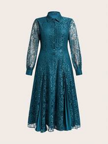 ZEYLAH 优雅蕾丝拼接褶裥长袖衬衫领连衣裙，春夏款 - 水鴨藍 - 查看 1