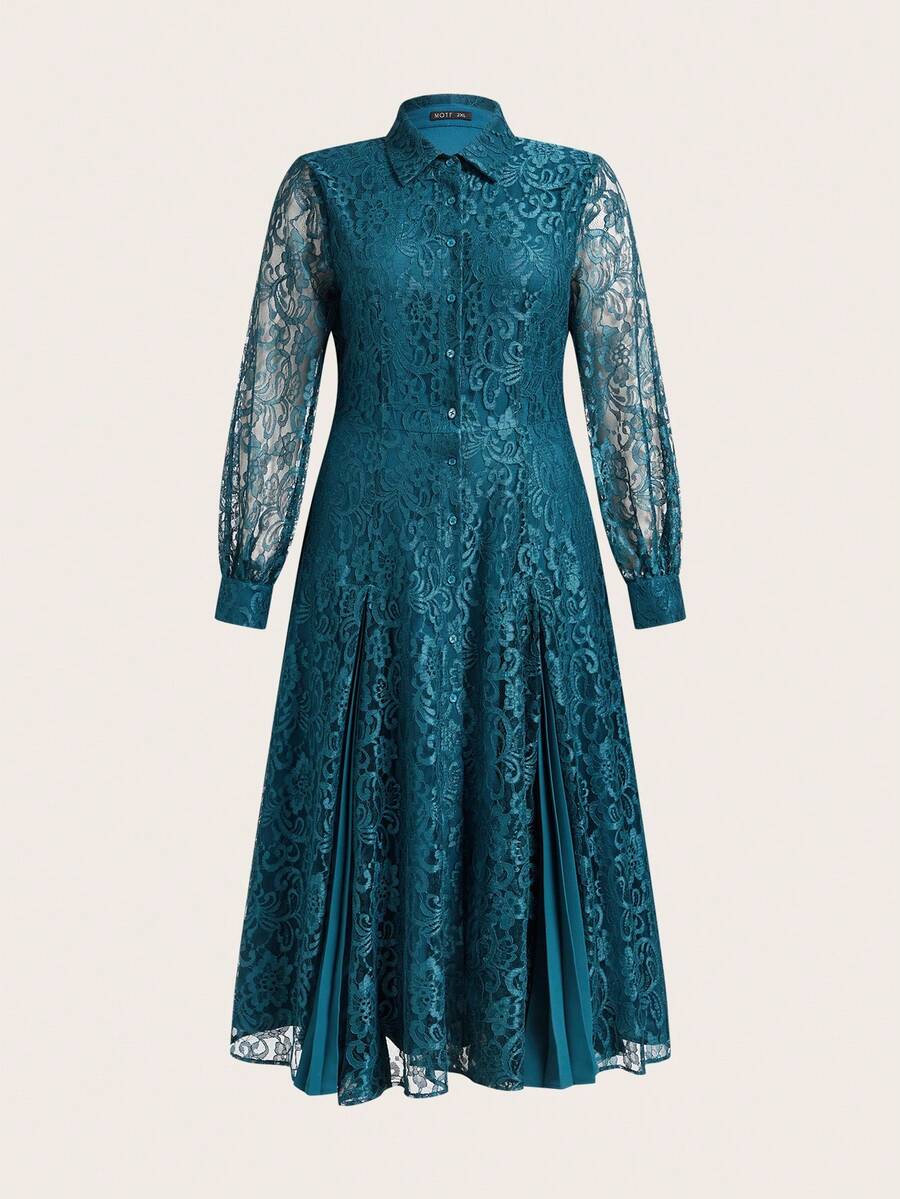 ZEYLAH 优雅蕾丝拼接褶裥长袖衬衫领连衣裙，春夏款 - 水鴨藍 - 查看 1