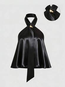 Sweetra Women's New Design Sense High Street Elegant Satin Retro High-End Minimalist Slim Fit Strapless Halter Shirt Top, Spring/Summer - Black - View 1