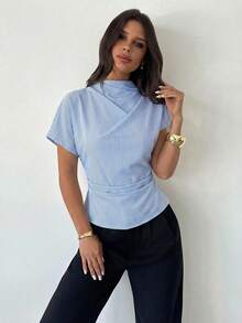 Firerie 褶皱领不对称袖侧边褶皱收腰通勤杏色竹麻面料女式衬衫，四季皆宜 - 藍白色 - 查看 1