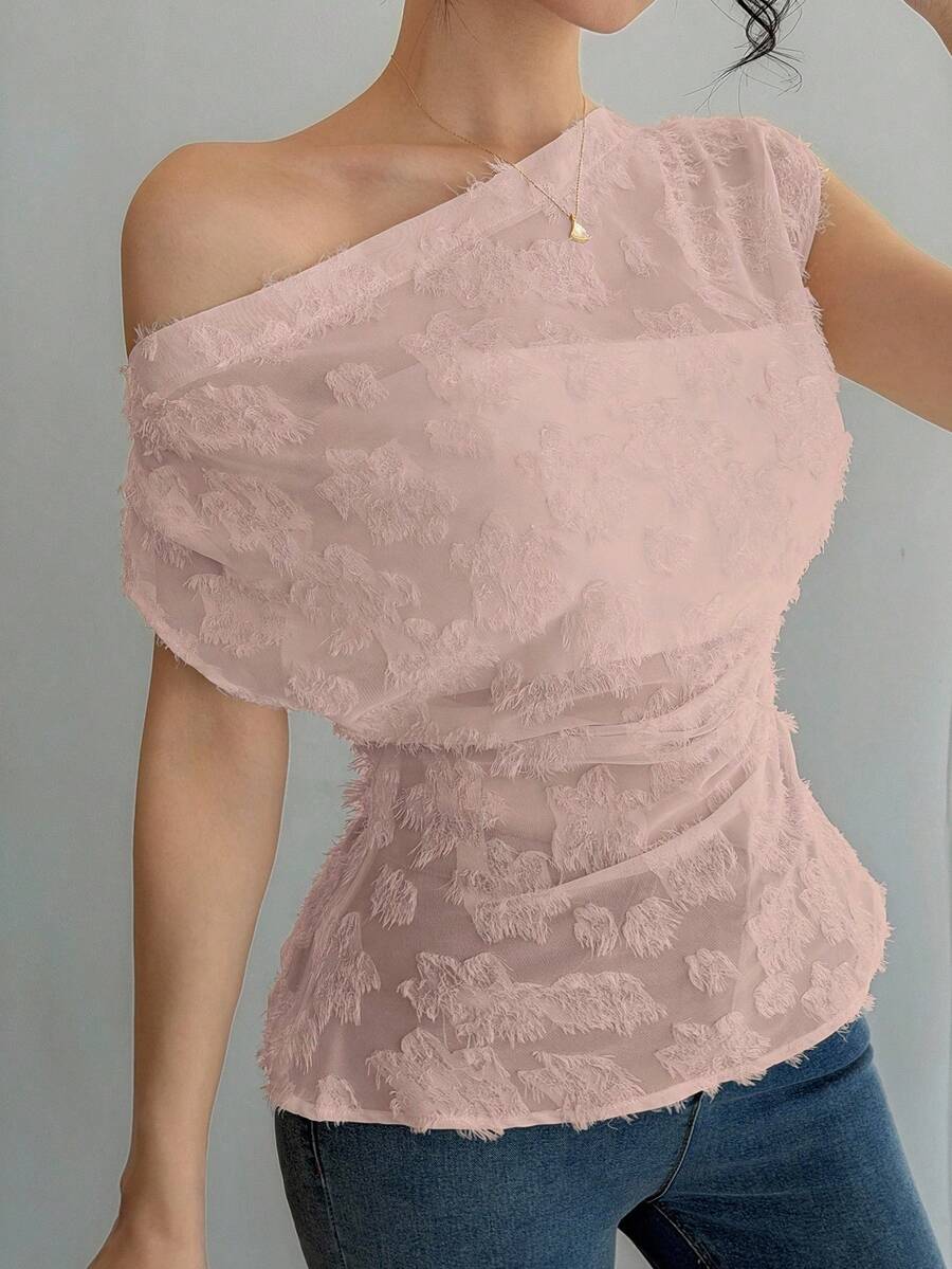 DAZY 女士优雅蕾丝不对称褶皱不对称肩部上衣，夏季 - 淡紫色 - 查看 1