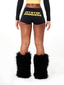 SUMWON WOMEN Pitstop 公主文字印花高腰及膝运动短裤，撞色图案设计，适合夏季节日休闲穿着。 - 黑色 - 查看 2