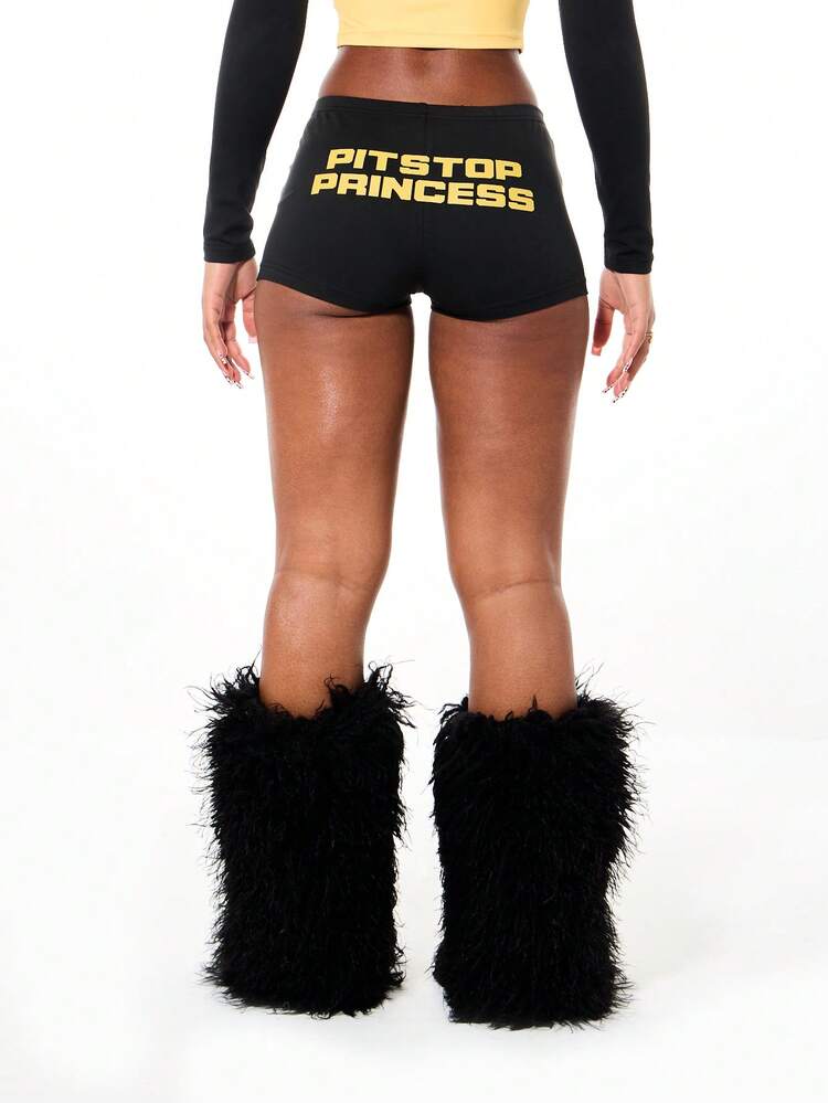 SUMWON WOMEN Graphic Text Print Booty Shorts