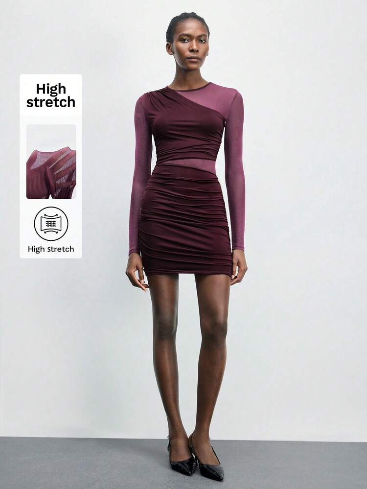 SHEIN Maija Women's Solid Color Mesh Patchwork Long Sleeve Mini Dress Mesh Dress High Stretch Dress Ruched Dress Ruched Dresses For Women Mesh Dress For Women  Resort Wear 2026