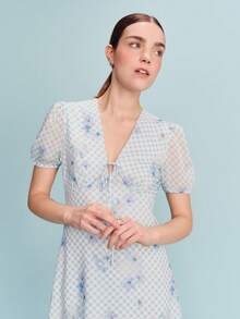 lacRébo 蓝色格纹V领中长连衣裙，正面系带设计，短泡泡袖，春夏款 - 藍色 - 查看 6