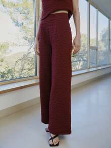 Nöista Jacquard Two Pieces Set Features A Textured Fabric In Burgundy, Chinese Buttons, Paired With Wide-Leg Pants Medium Rise. - Burgundy - View 7