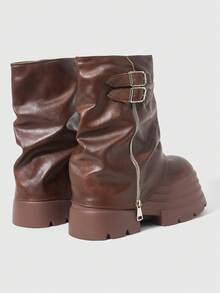 ROMWE Grunge Punk Women's Dark Rock Punk Goth Boots, Pointed Toe Ankle Boots, Wedge Heel Thick Sole Buckle Strap Riding Boots, Ankle Boots And Short Boots - Brown - View 4