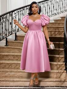 SHEIN Lady 女士纯色心形领泡泡袖优雅中长连衣裙 - 粉色 - 查看 7