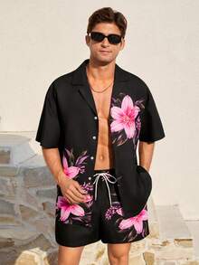 Palasendo Ensemble de plage pour hommes avec Top à manches courtes et shorts imprimés fleuris. Ensemble de maillots de bain pour hommes. Tenue de villégiature pour hommes avec short 2 pièces. Vêtements hawaïens à fleurs pour hommes - Noir - Voir 3