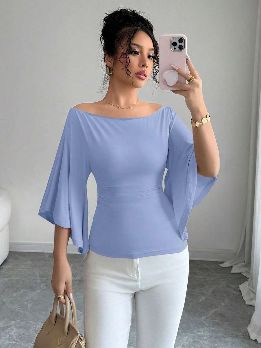 Selianne Áo thun nữ cổ tròn tay nhún, dáng ôm, màu trơn, thích hợp cho mùa xuân/hè/thu. - Màu xanh nhạt - Xem 1