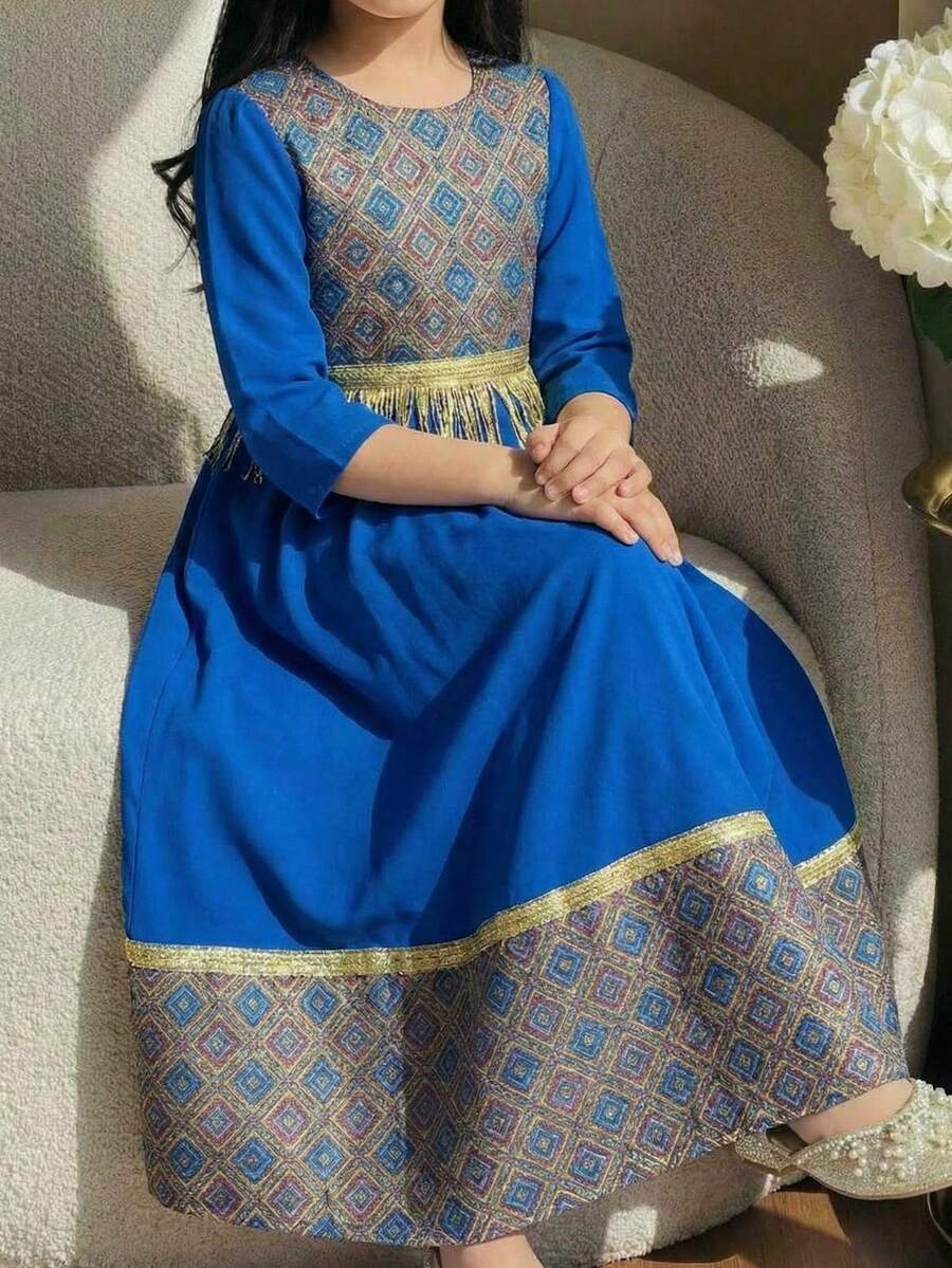 SHEIN Tween Girls Blue A Line Midi Dress With Geometric Pattern And Round Neck Puff Sleeves For Vacation - Blue - View 1